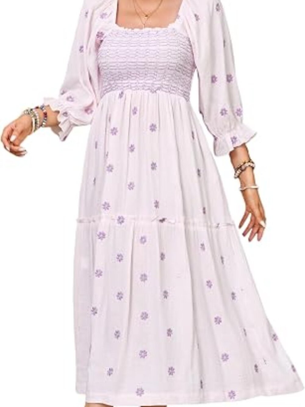 R.Vivimos Women's Cotton Floral Embroidered Boho Midi Dress with Pockets